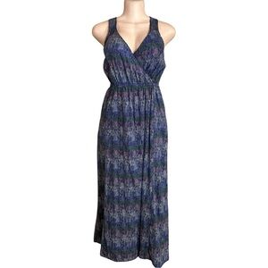 Coastal Boho Maxi Faux Wrap Dress Blue Smocked Waist Cross Back Travel Resort XS